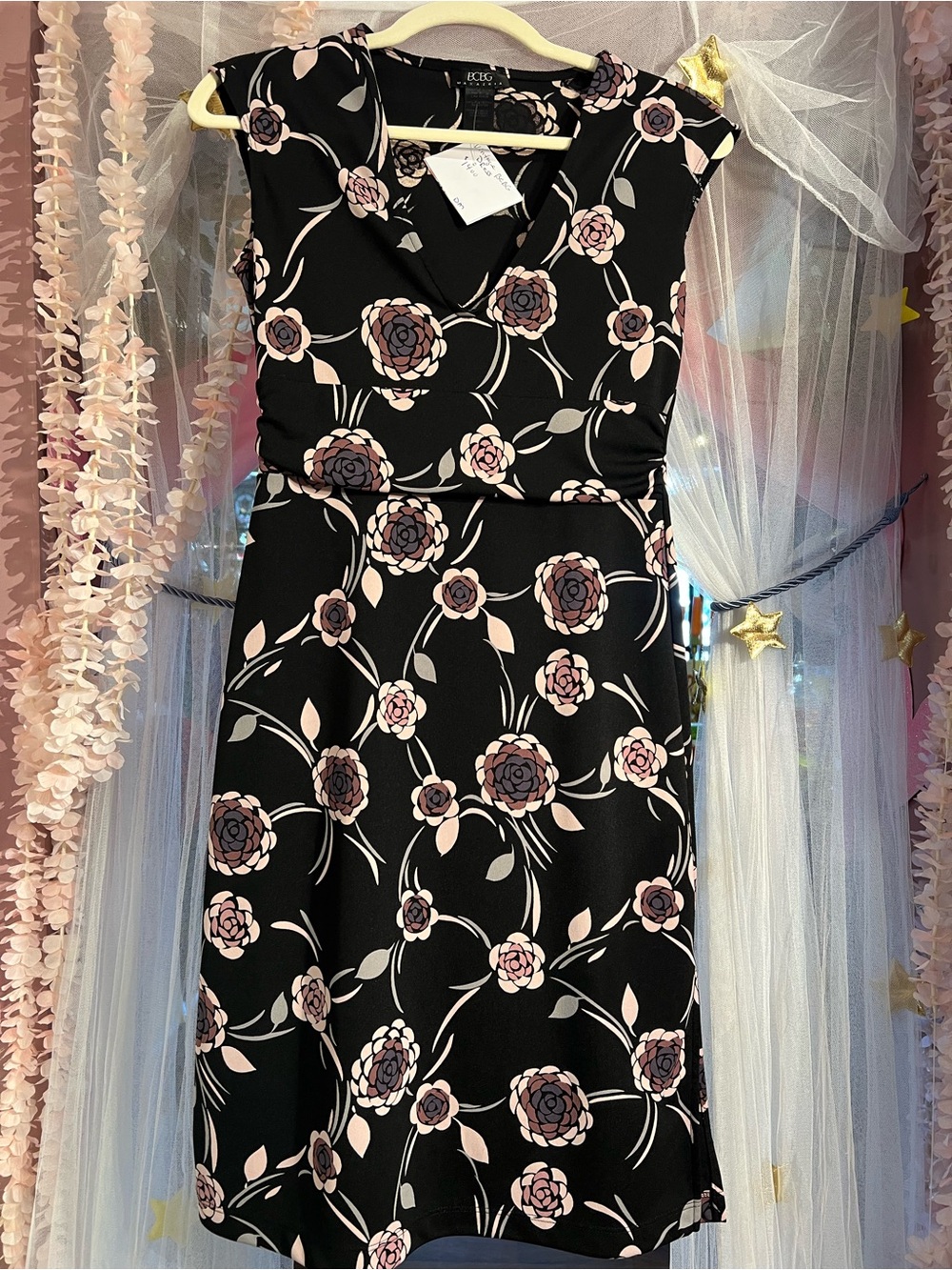 BCBGMaxAzria Black Midi Dress with Pink Floral Print Size Small